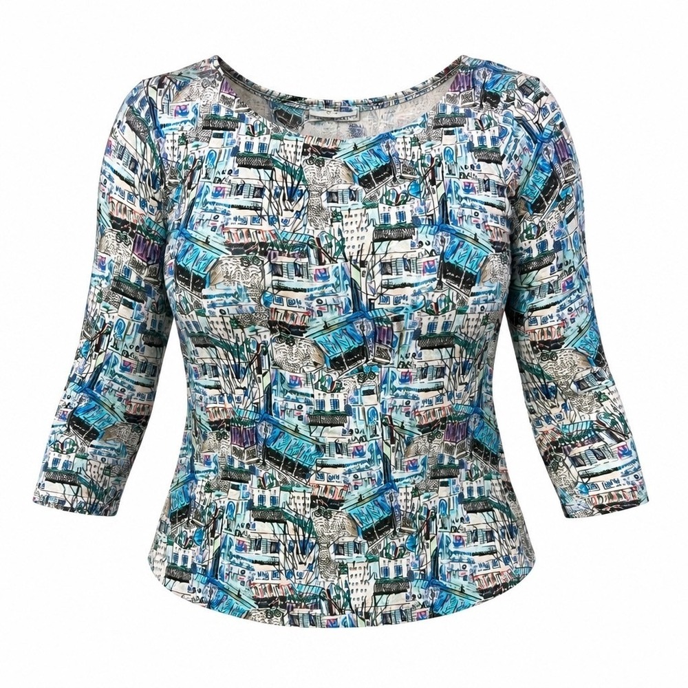 Peck & Peck Nora Paris Cityscape Print 3/4 Sleeve Top Blue Green Large
